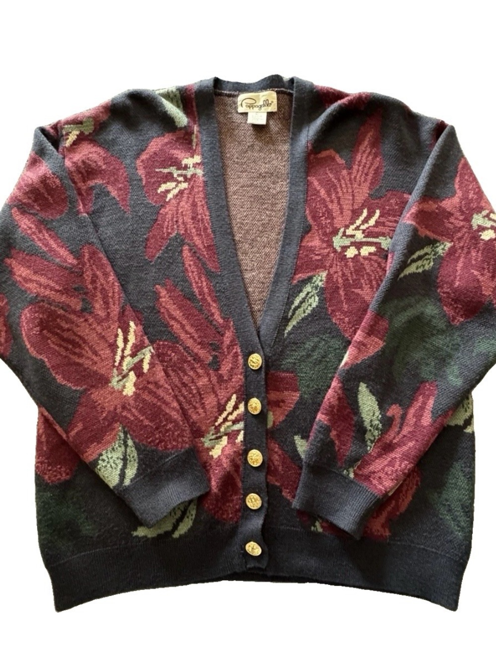 Vintage Pappagallo Floral Cardigan Sweater L 90s Botanical Grandpacore Wool